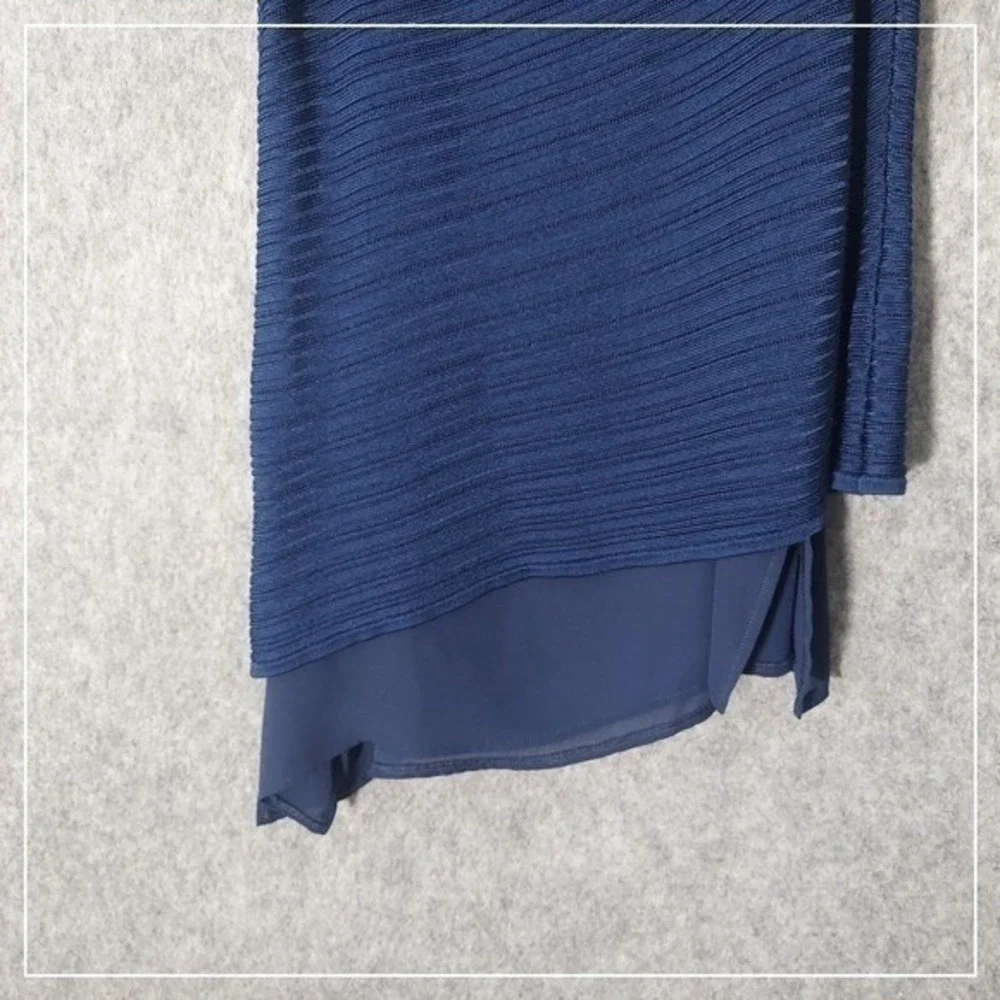 White House Black Market Top S Blue Asymmetric Mix Media Knit Chiffon Sleeveless